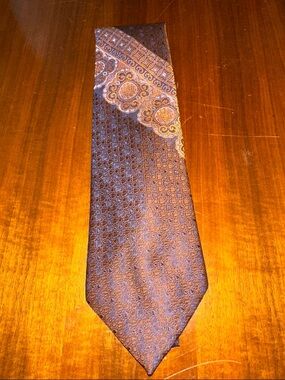 Vintage 70s Wembley Brown with Gold‎ & Gray Paisley Stripe Polyester Wide Tie